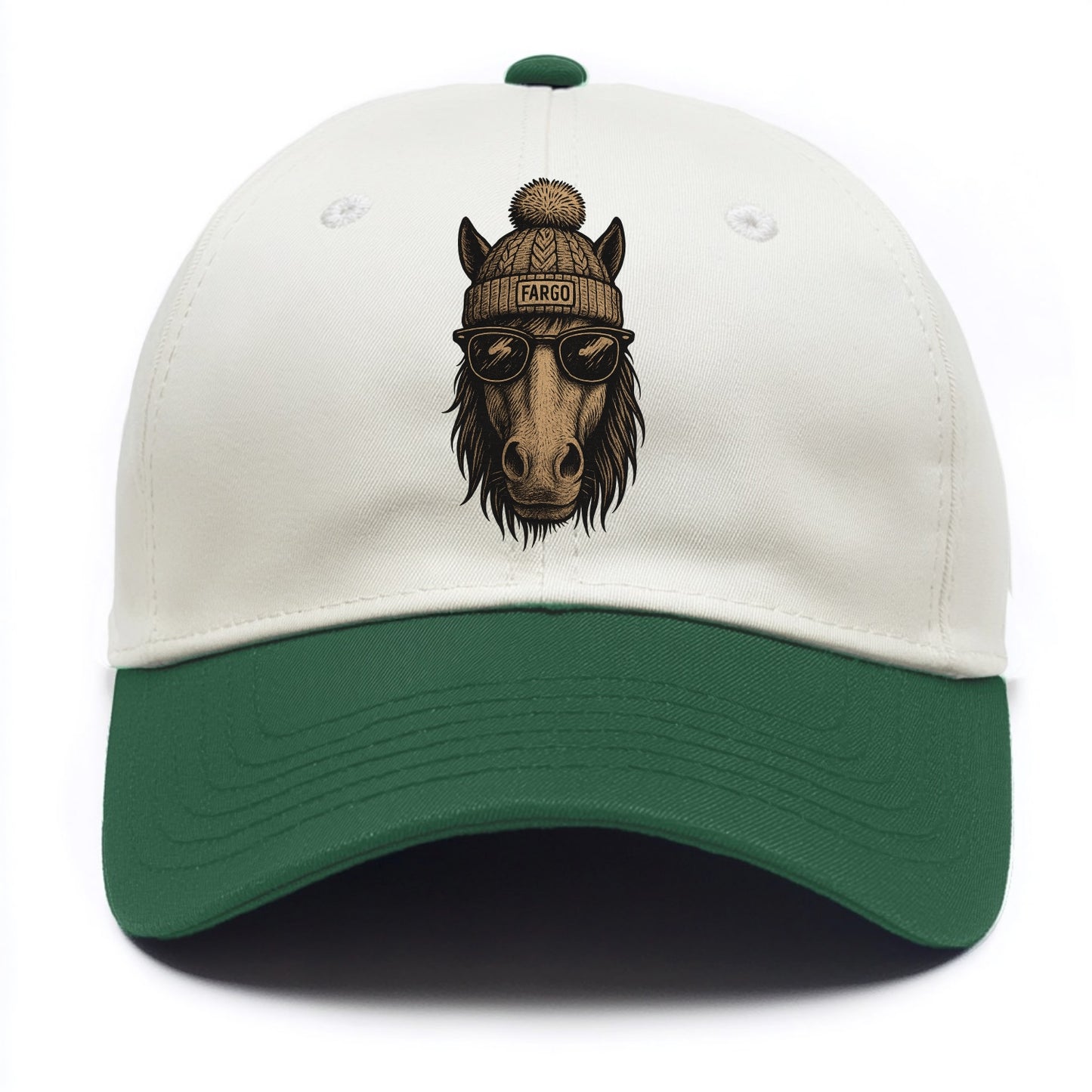 North Dakota Nokota Horse wearing Fargo beanie with pom pom and wayfarer sunglasses - Two Tone Cap - Green
