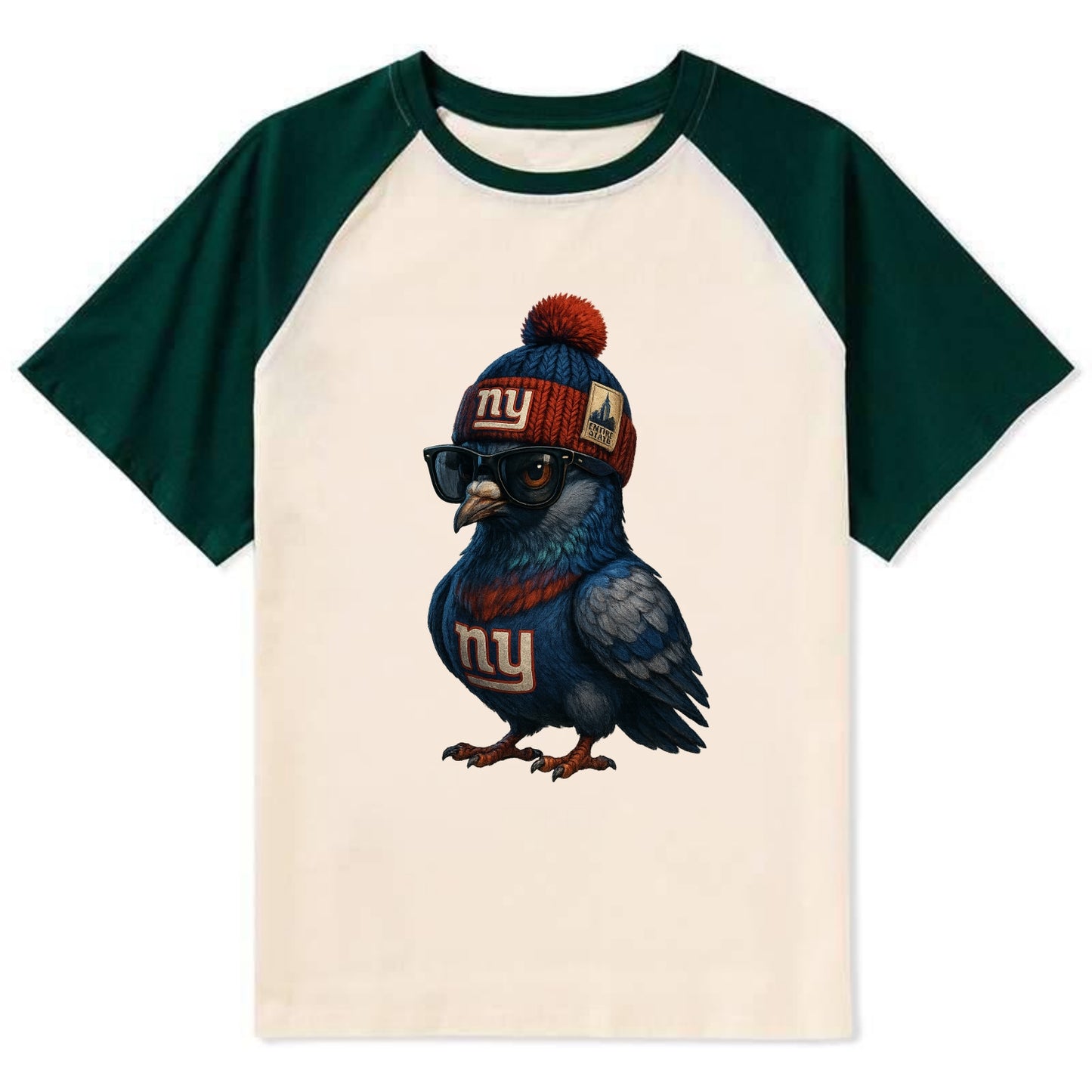Manhattan Pigeon wearing Giants beanie with Empire State patch and - Contrast Raglan T-shirt - Green