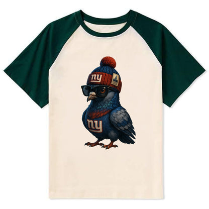 Manhattan Pigeon wearing Giants beanie with Empire State patch and - Contrast Raglan T-shirt - Green