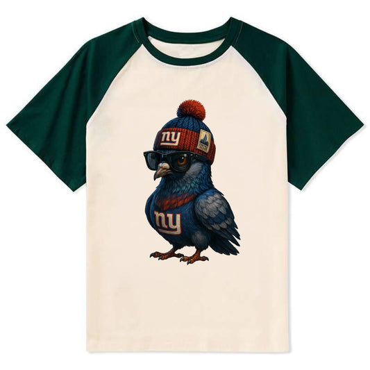 Manhattan Pigeon wearing Giants beanie with Empire State patch and - Contrast Raglan T-shirt - Green