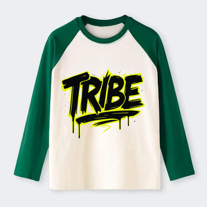 Bold typography design - "TRIBE" - your community, your group - Raglan Long Sleeve T-Shirt - Green
