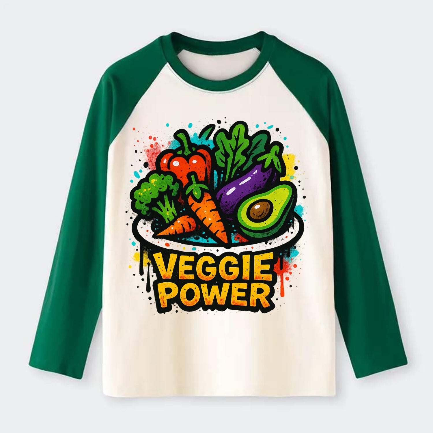 Colorful vegetables and plants on plate - plant-based lifestyle, - Raglan Long Sleeve T-Shirt - Green