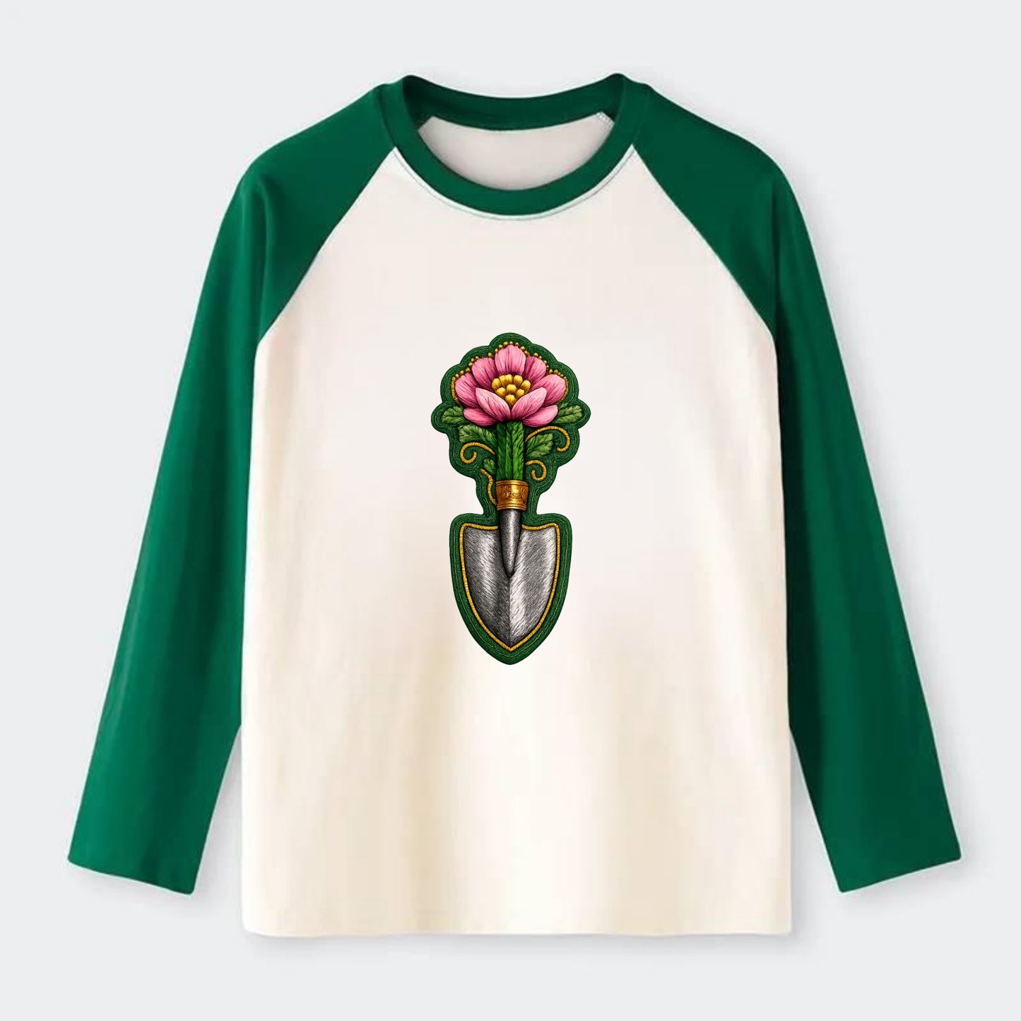 Embroidered patch design - GARDENING TROWEL FLOWER - garden tool with - Raglan Long Sleeve T-Shirt - Green