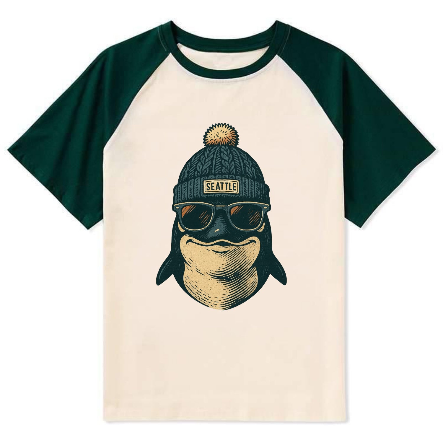 Washington Orca wearing Seattle beanie with pom pom and wayfarer - Contrast Raglan T-shirt - Green