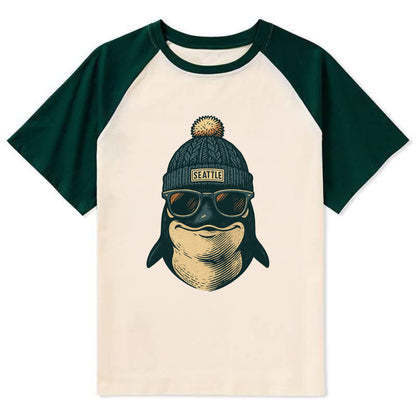 Washington Orca wearing Seattle beanie with pom pom and wayfarer - Contrast Raglan T-shirt - Green