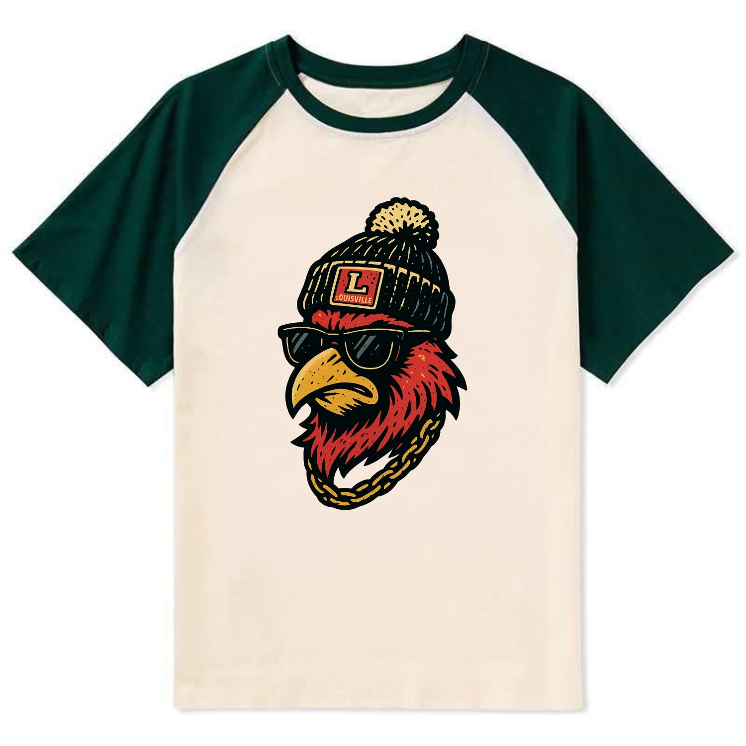 Louisville Cardinal wearing Louisville beanie with L patch - Contrast Raglan T-shirt - Green