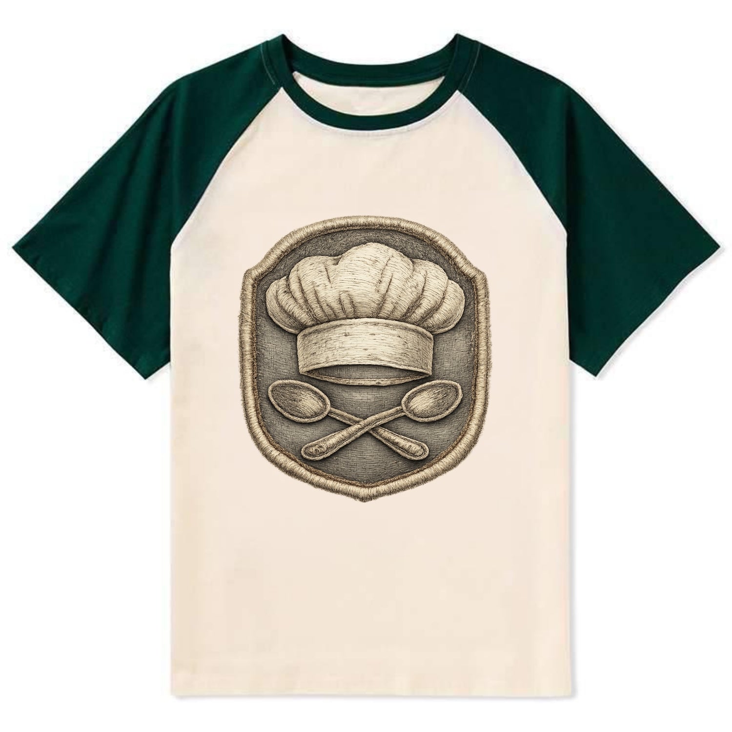 COOKING CHEF HAT - toque blanche with crossed spoons in white and silver - Contrast Raglan T-shirt - Green