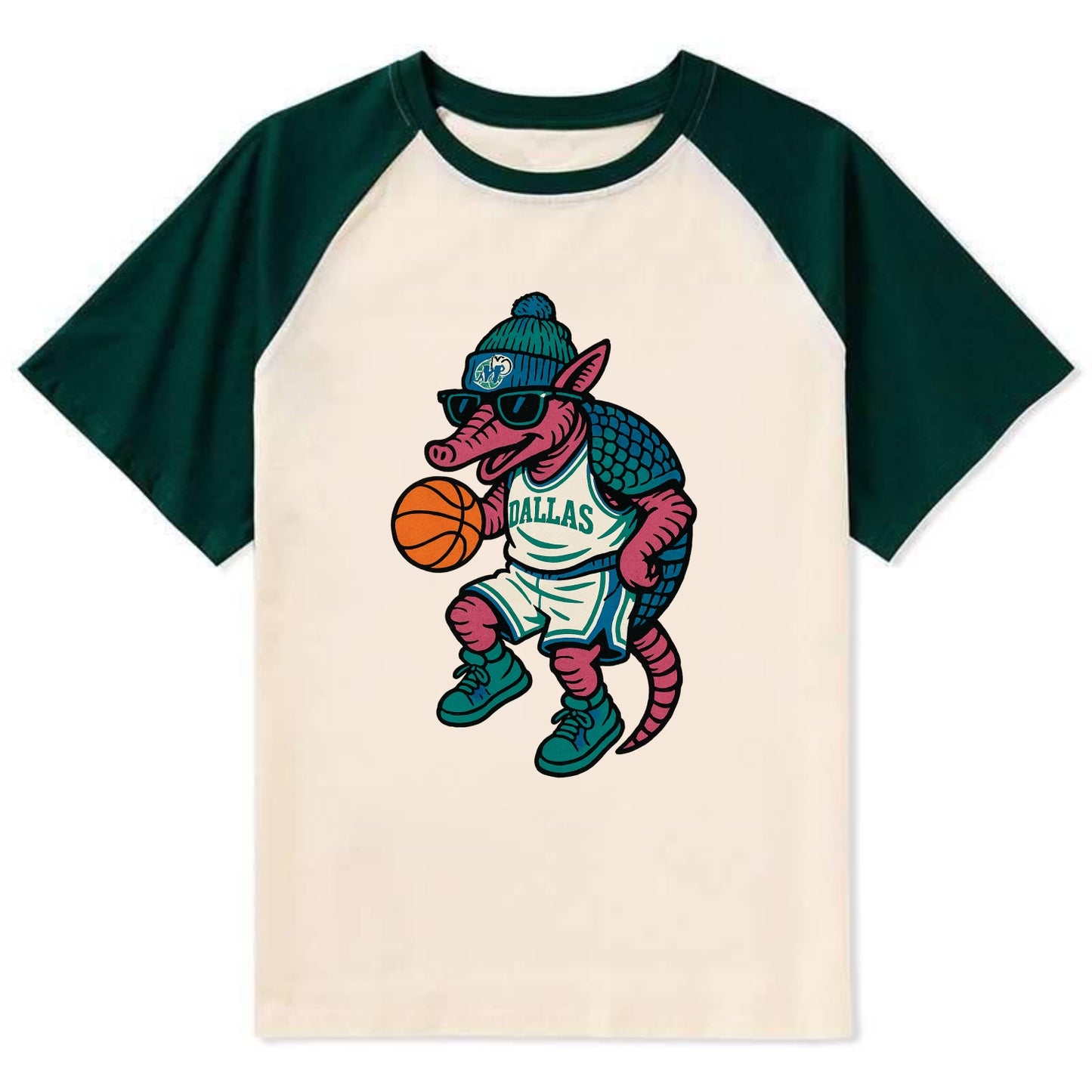 Dallas Armadillo wearing Mavericks beanie with cowboy hat patch and - Contrast Raglan T-shirt - Green