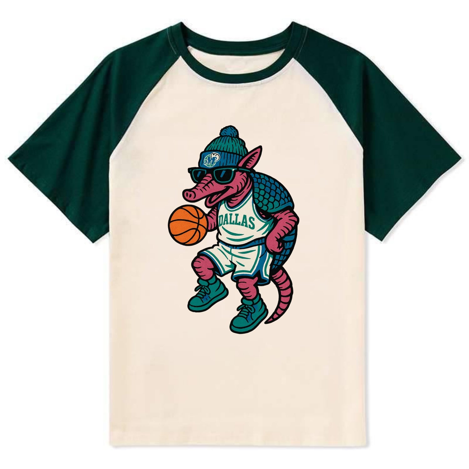 Dallas Armadillo wearing Mavericks beanie with cowboy hat patch and - Contrast Raglan T-shirt - Green