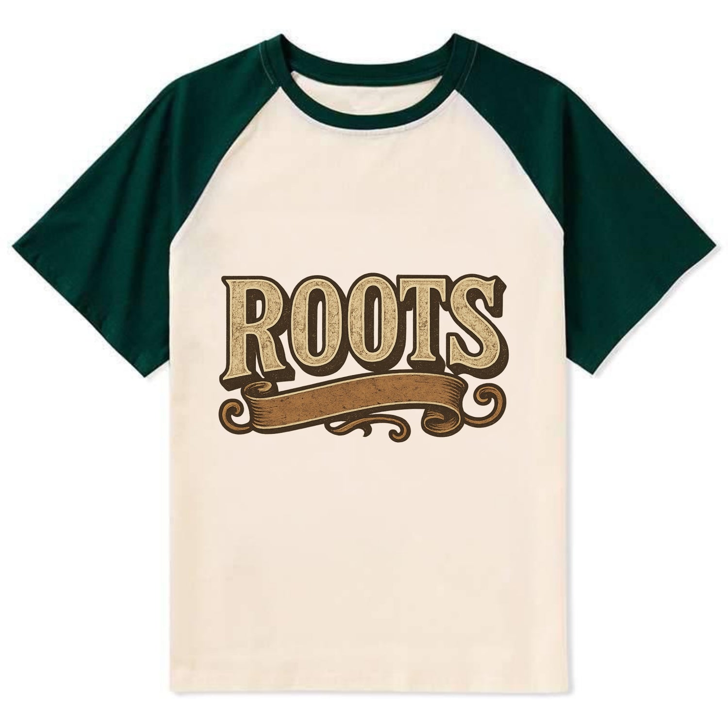 Bold typography design - "ROOTS" - where you come from, heritage - Contrast Raglan T-shirt - Green