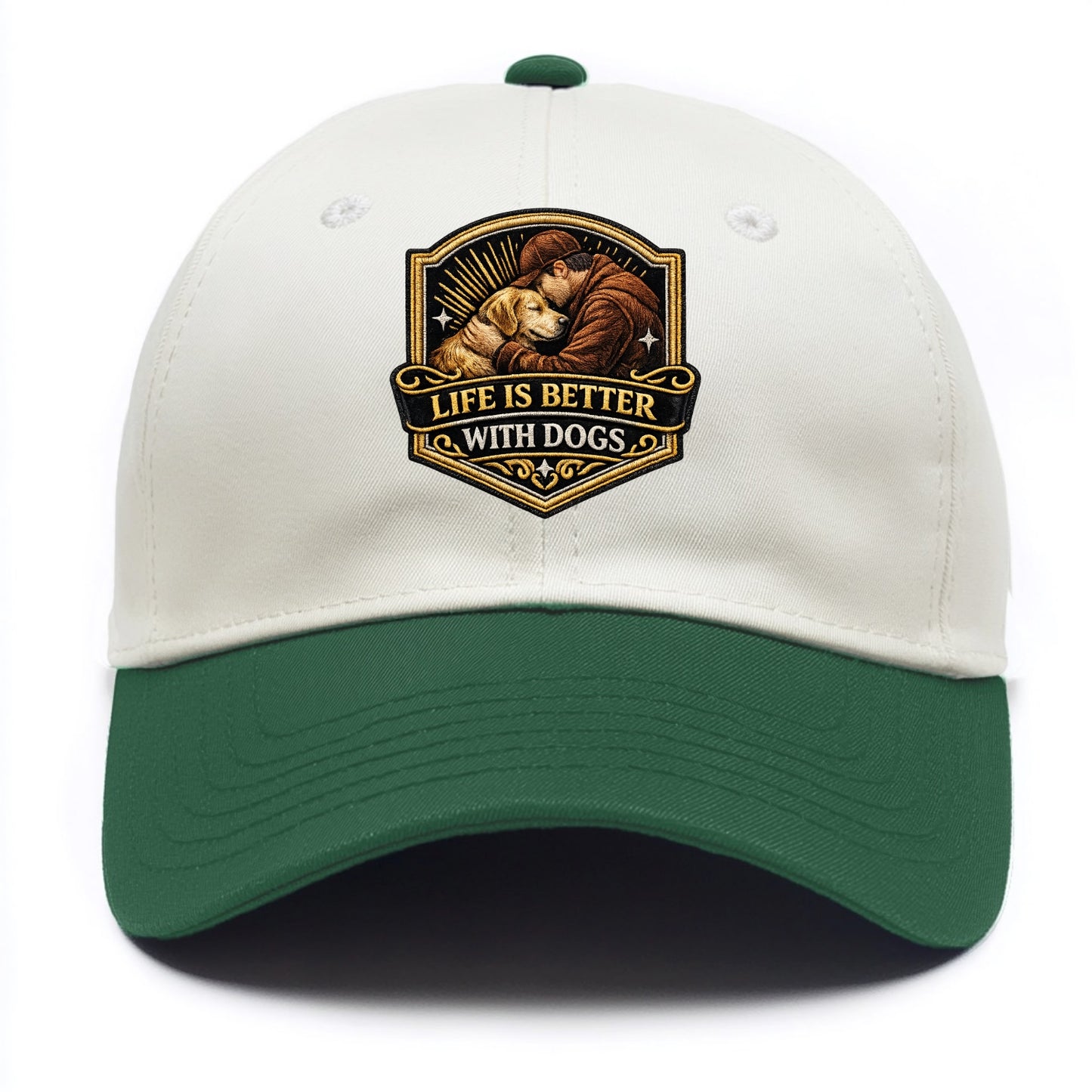 LIFE IS BETTER WITH DOGS - dog and human in brown , dog lover - Two Tone Cap - Green