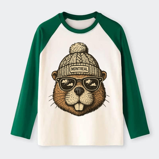 Montreal Beaver wearing Montreal beanie - Raglan Long Sleeve T-Shirt - Green