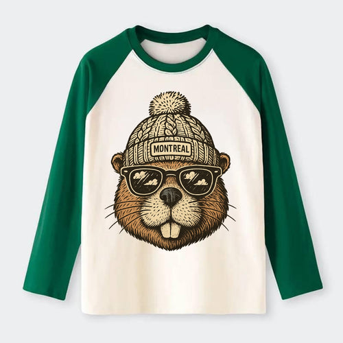Montreal Beaver wearing Montreal beanie - Raglan Long Sleeve T-Shirt