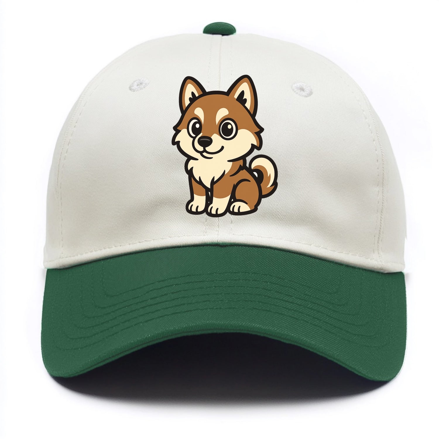 Pomsky - Pomeranian-Husky mix sitting pose - Two Tone Cap - Green