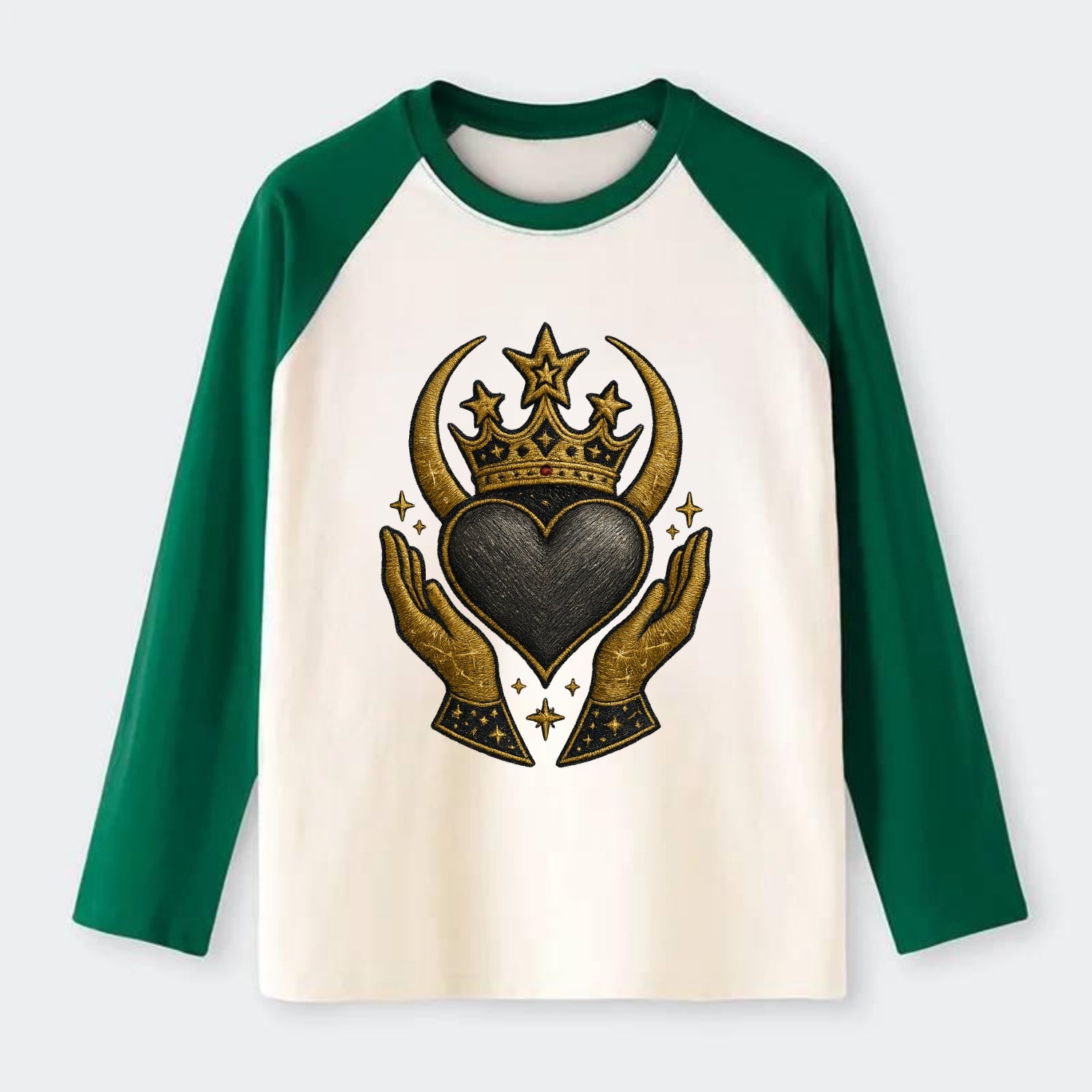 Celtic knot crown with woven strands merging into copper hands - Raglan Long Sleeve T-Shirt - Green