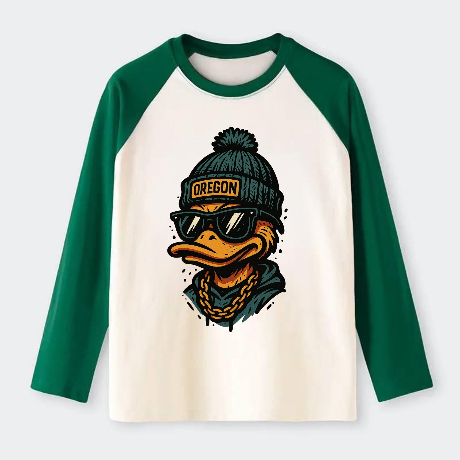 Eugene Duck wearing Oregon beanie with p - Raglan Long Sleeve T-Shirt - Green