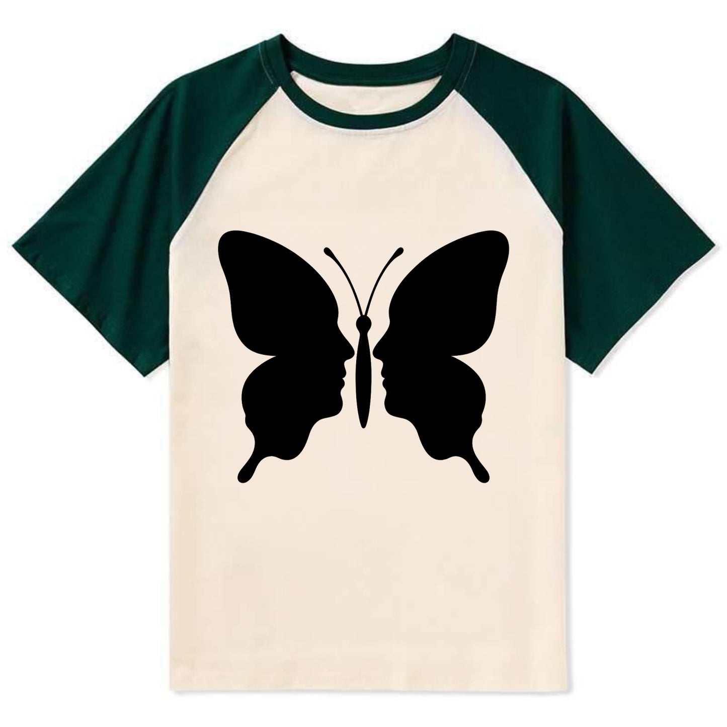 Butterfly wings - negative space reveals hidden faces or patterns - Contrast Raglan T-shirt - Green