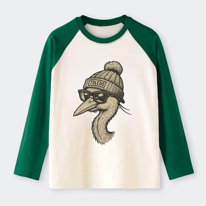 Toledo Great Blue Heron wearing Toledo beanie with pom pom and - Raglan Long Sleeve T-Shirt - Green