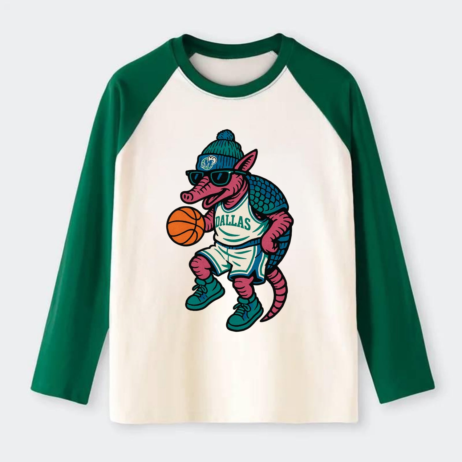 Dallas Armadillo wearing Mavericks beanie with cowboy hat patch and - Raglan Long Sleeve T-Shirt - Green