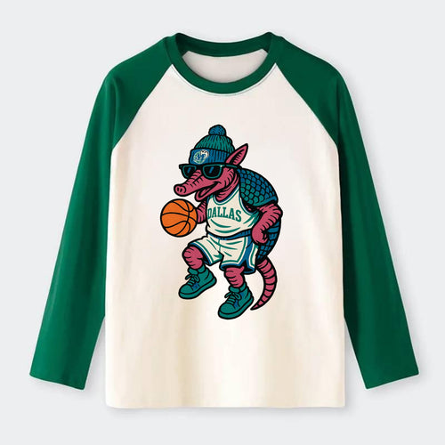 Dallas Armadillo wearing Mavericks beanie with cowboy hat patch and - Raglan Long Sleeve T-Shirt