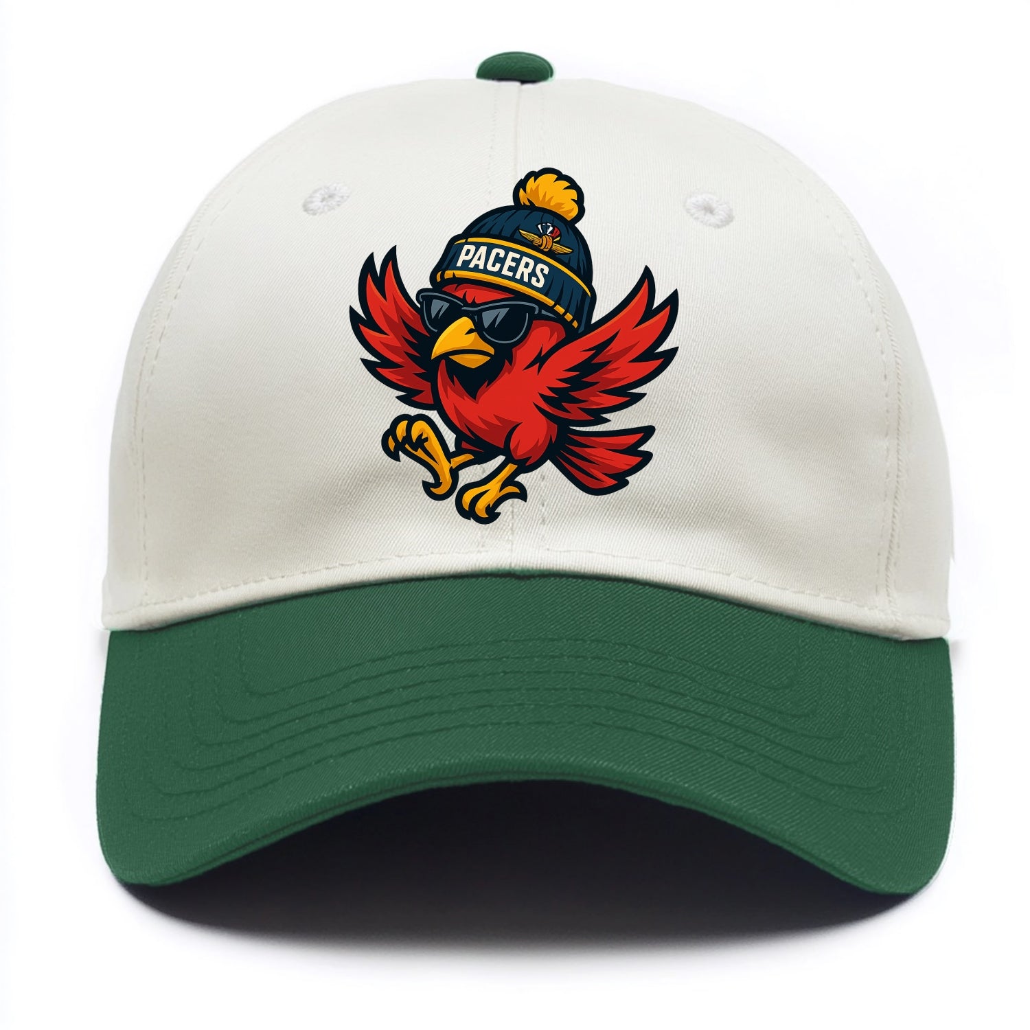 Indiana Cardinal wearing Pacers beanie with speedway patch and wayfarer sunglasses - Two Tone Cap - Green