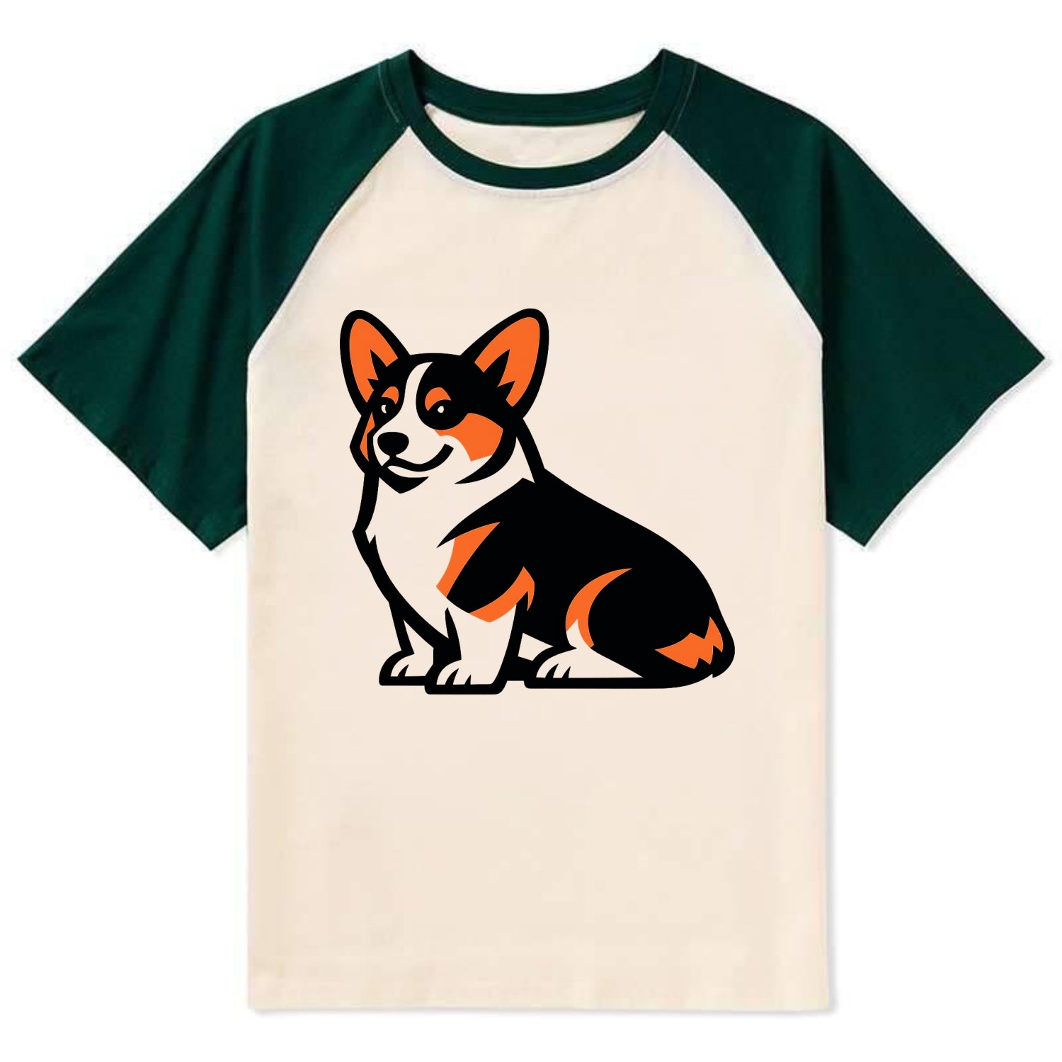 Tricolor Corgi Charm - Contrast Raglan T-shirt - Green