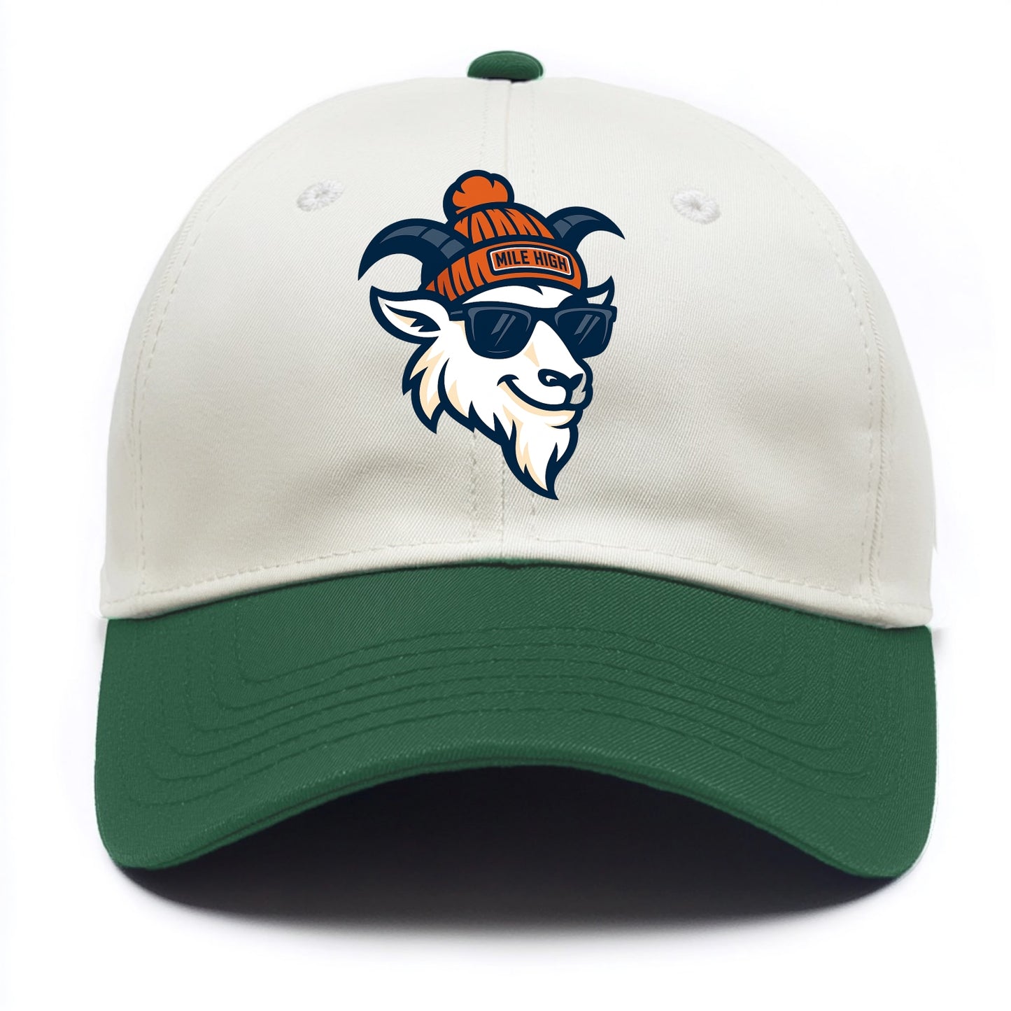 Denver Mountain Goat wearing Broncos beanie with Mile High patch and wayfarer - Two Tone Cap - Green