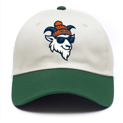 Denver Mountain Goat wearing Broncos beanie with Mile High patch and wayfarer - Two Tone Cap - Green