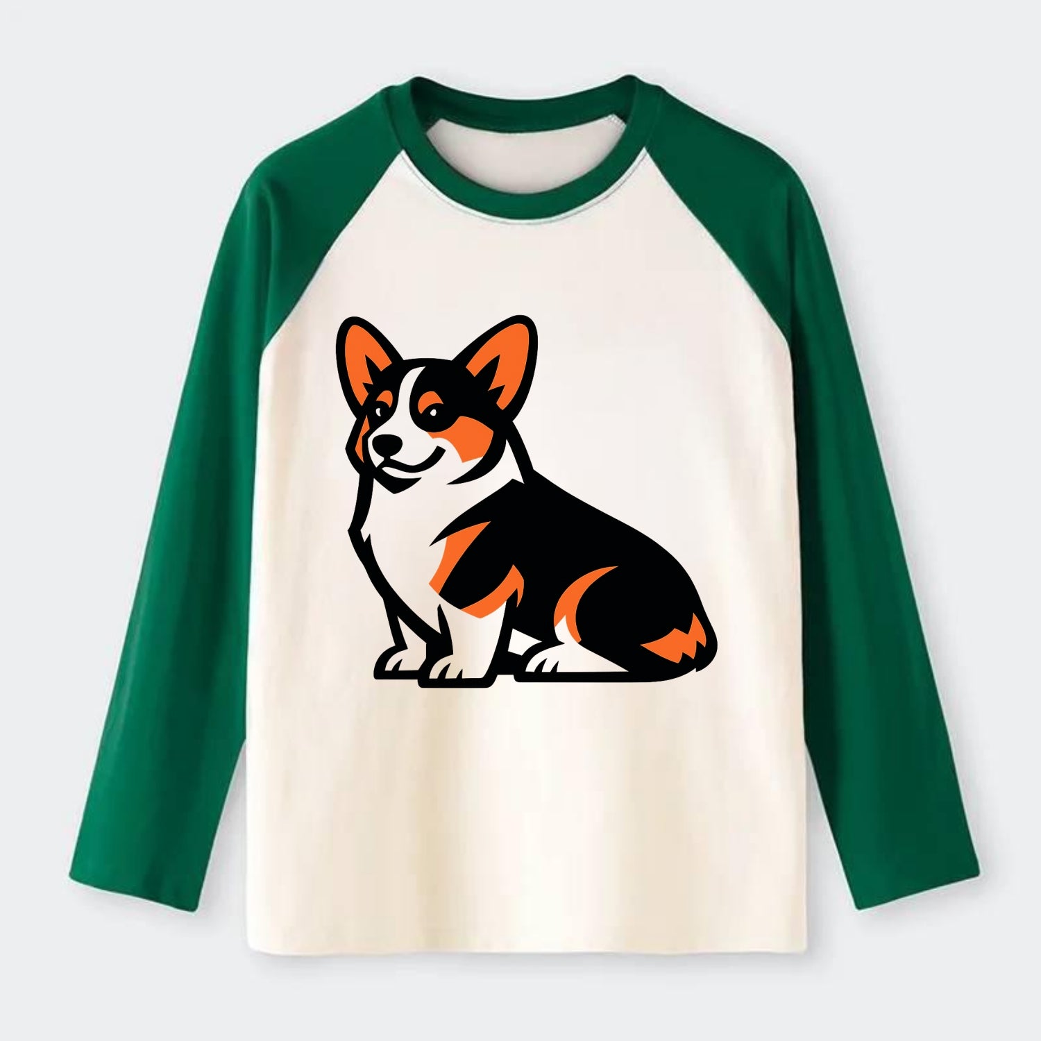 Tricolor Corgi Charm - Raglan Long Sleeve T-Shirt - Green