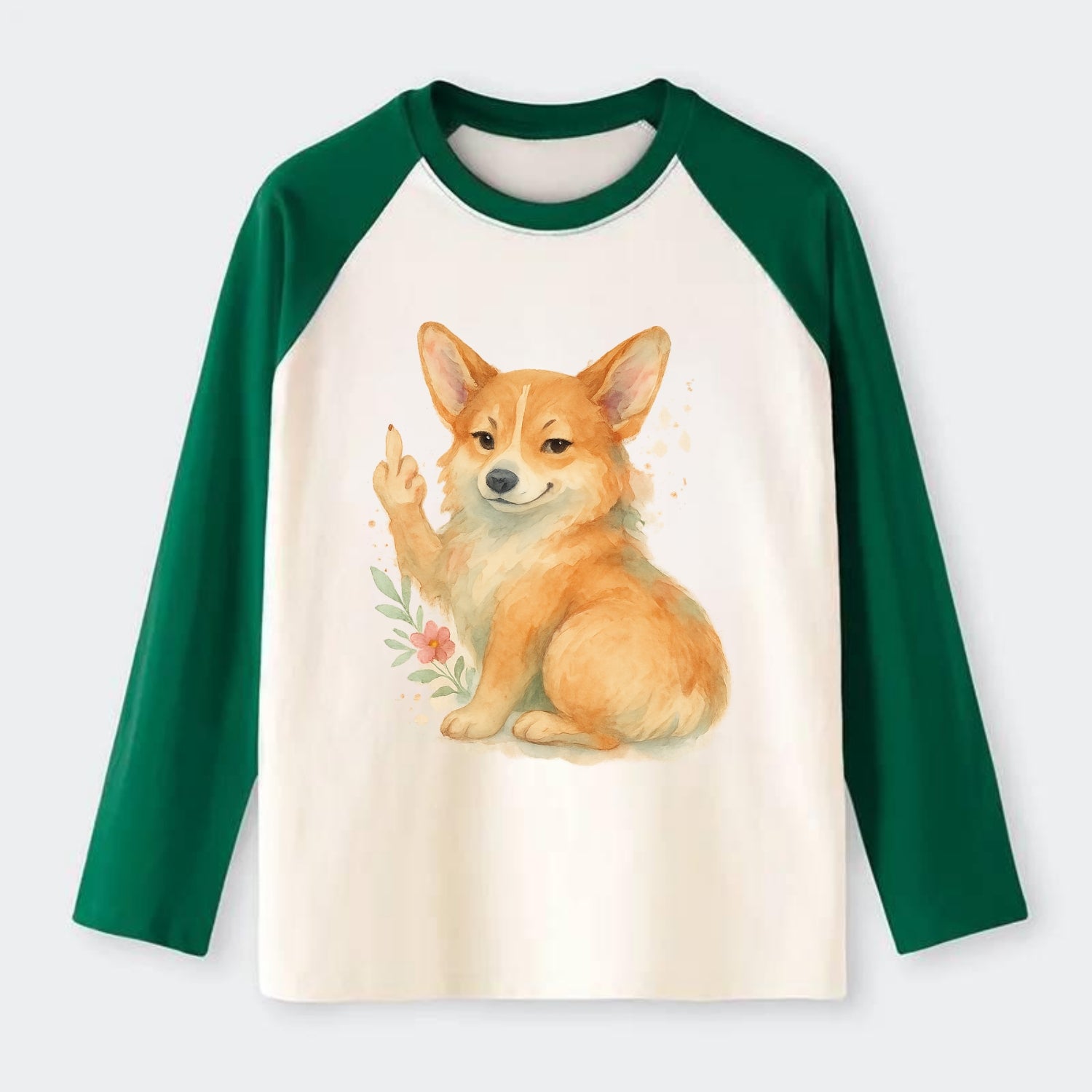 Corgi short legs and fluffy butt, one stubby paw up with sass - Raglan Long Sleeve T-Shirt - Green