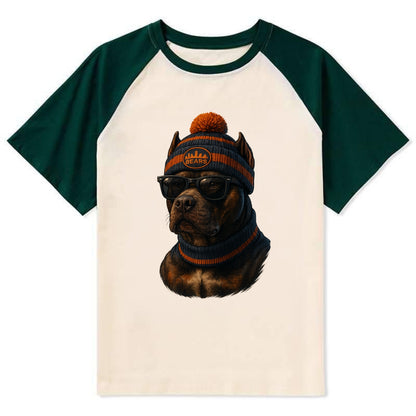 Chicago Pitbull wearing Bears beanie with skyline patch and wayfarer - Contrast Raglan T-shirt - Green