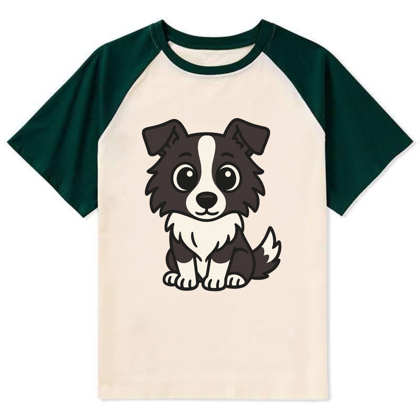 Border Collie - Intense stare sitting pose - Contrast Raglan T-shirt - Green
