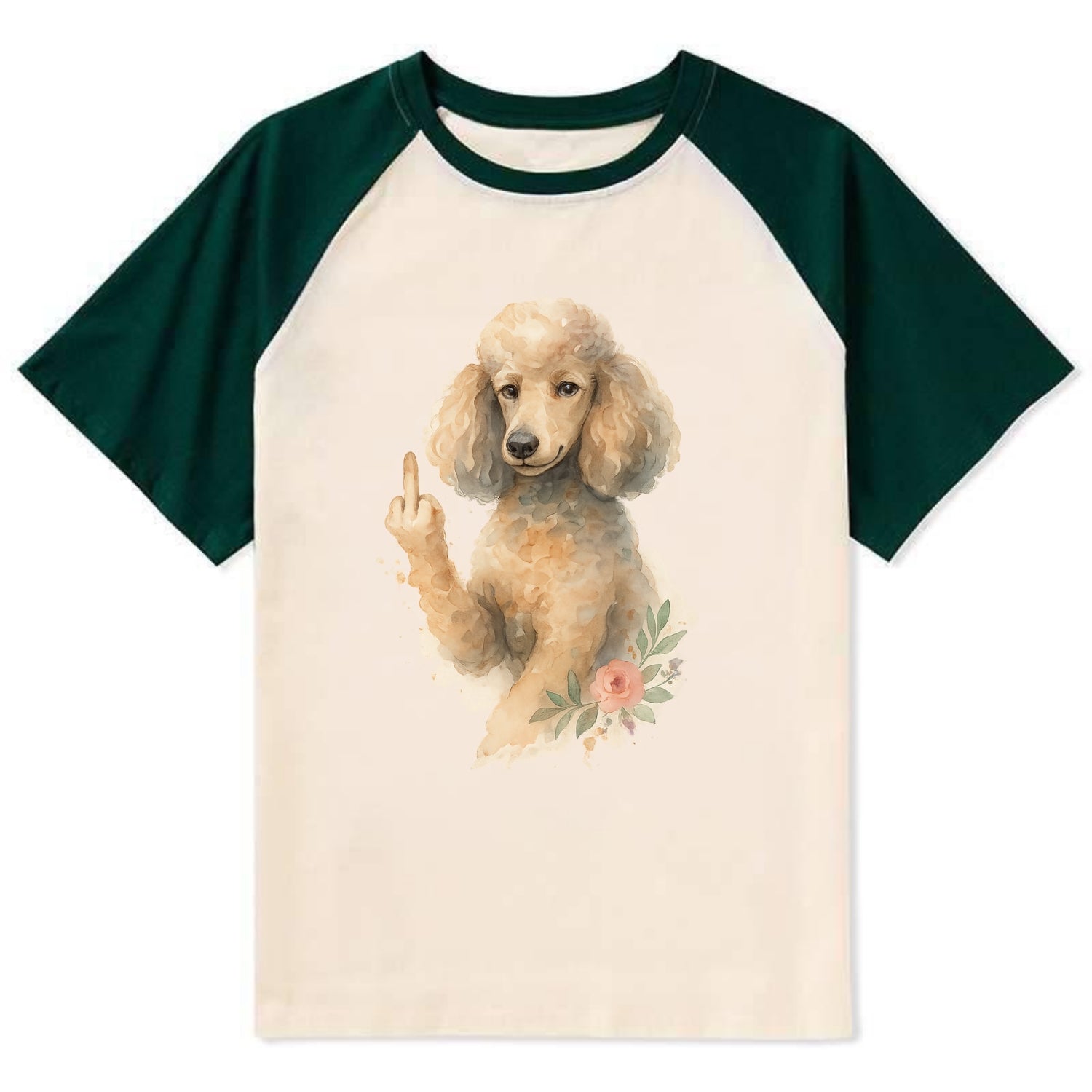 Standard Poodle with curly styled coat, intelligent face, fancy paw - Contrast Raglan T-shirt - Green