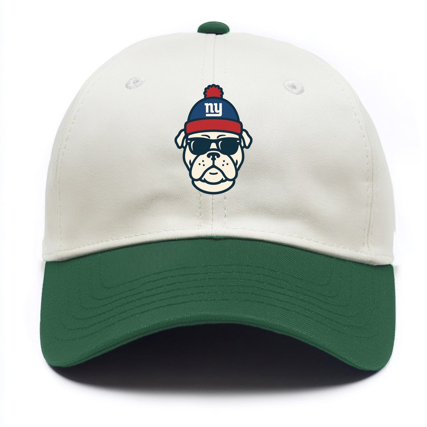 New York Bulldog wearing Giants blue and red beanie with pom pom and wayfarer - Two Tone Cap - Green