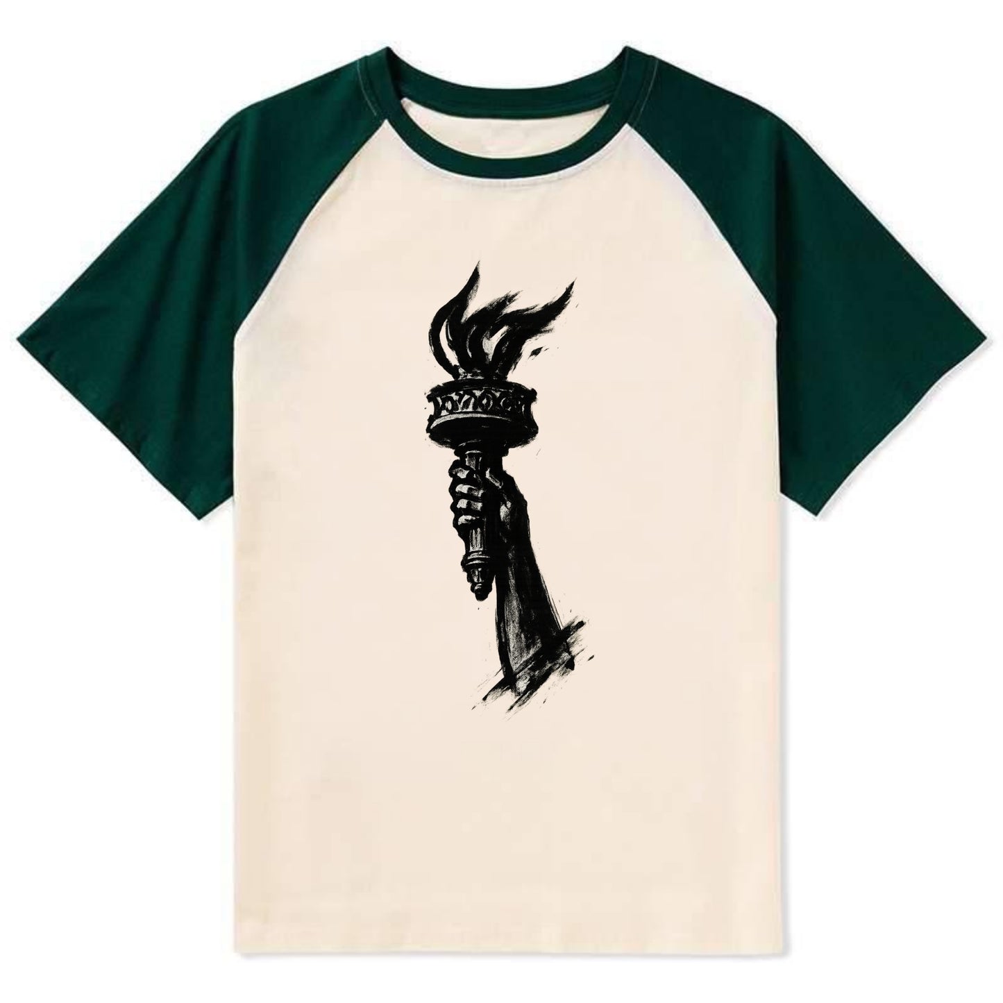 Statue of Liberty torch - freedom and democracy ink painting - Contrast Raglan T-shirt - Green