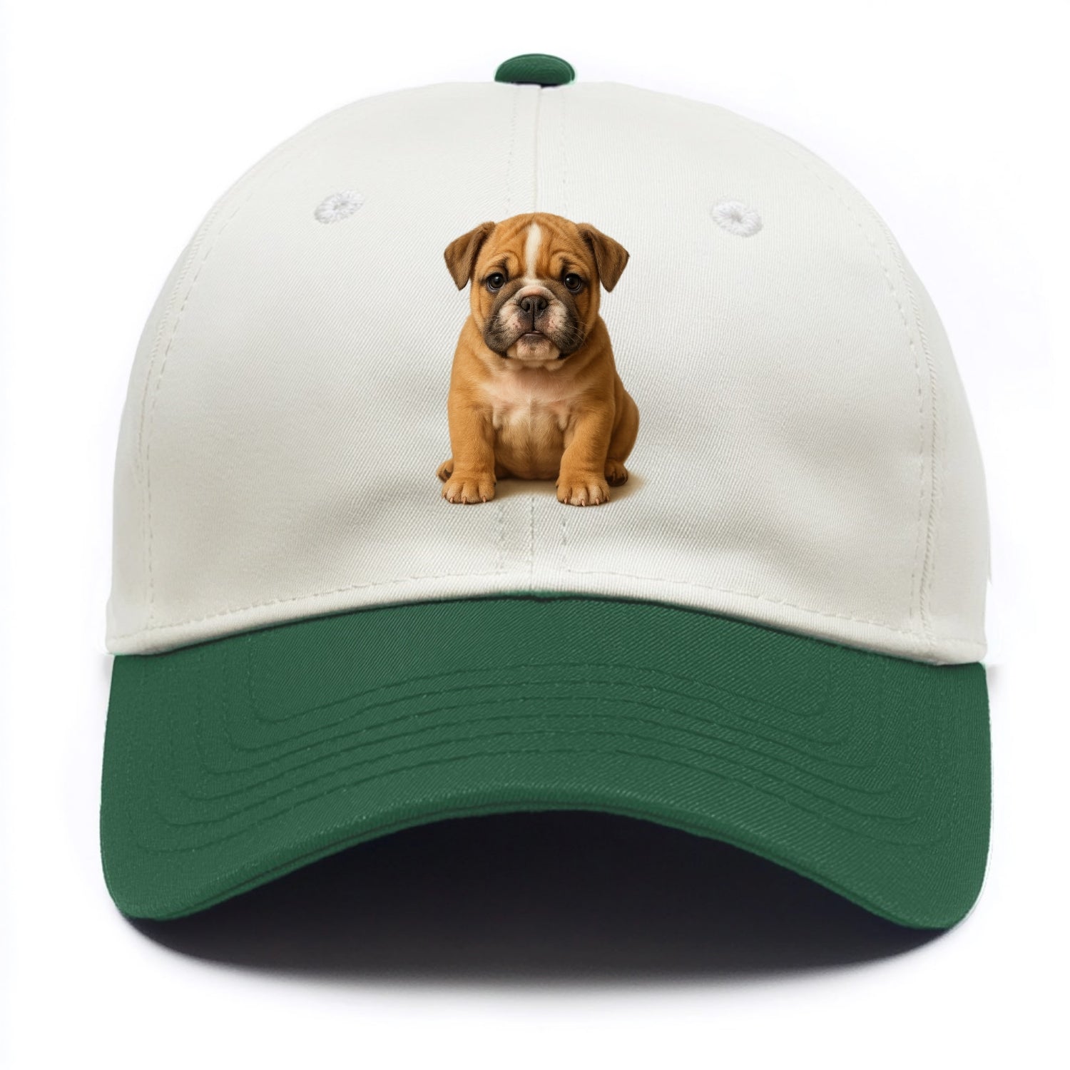 Baby Bulldog Puppy - wrinkly face, underbite, stocky body, gentle eyes, - Two Tone Cap - Green