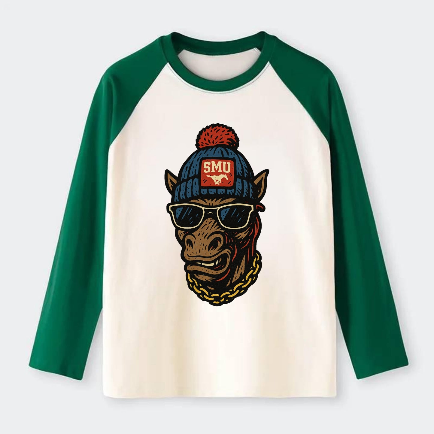 Dallas Mustang wearing SMU beanie with pony patch - Raglan Long Sleeve T-Shirt - Green