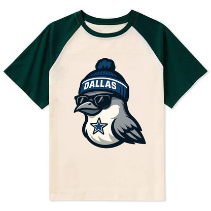 Dallas Mockingbird wearing Cowboys beanie with sheriff star and wayfarer - Contrast Raglan T-shirt - Green