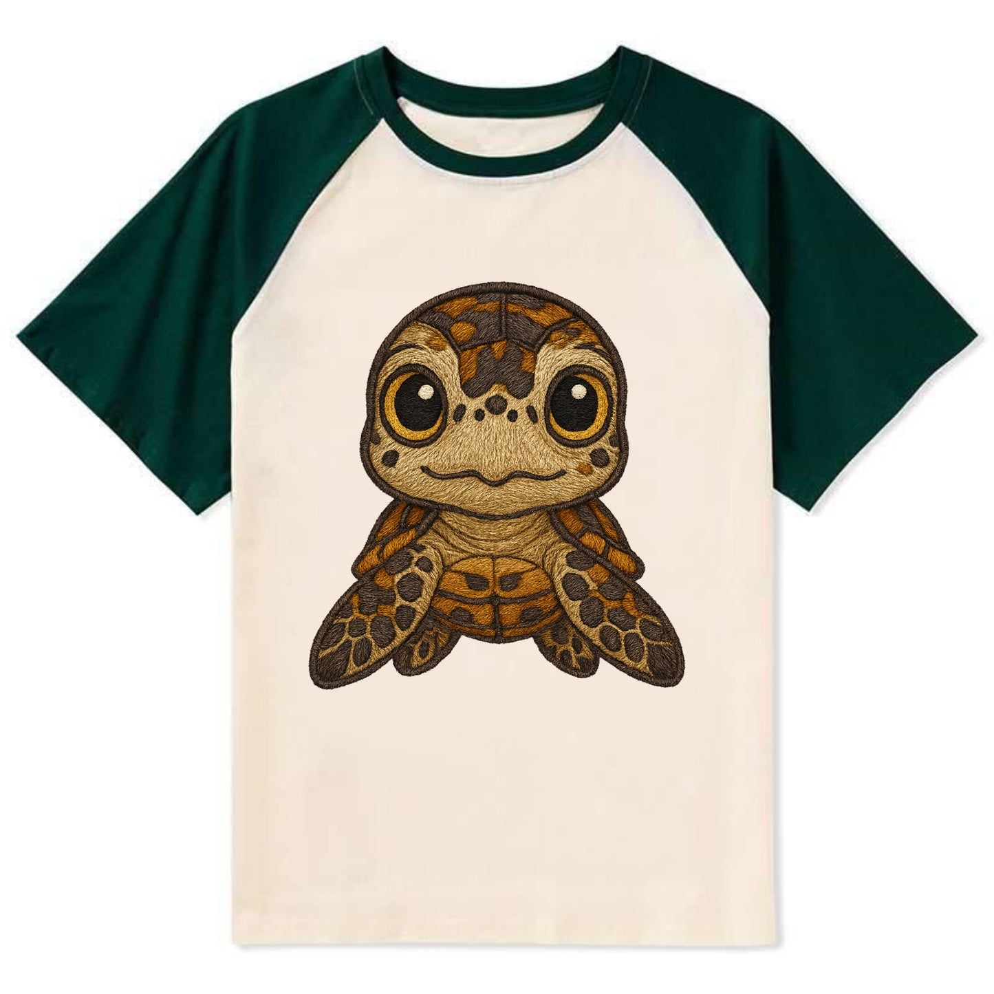 Baby Hawksbill Turtle - amber and brown shell pattern, curious golden - Contrast Raglan T-shirt - Green