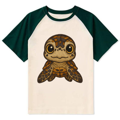 Baby Hawksbill Turtle - amber and brown shell pattern, curious golden - Contrast Raglan T-shirt - Green