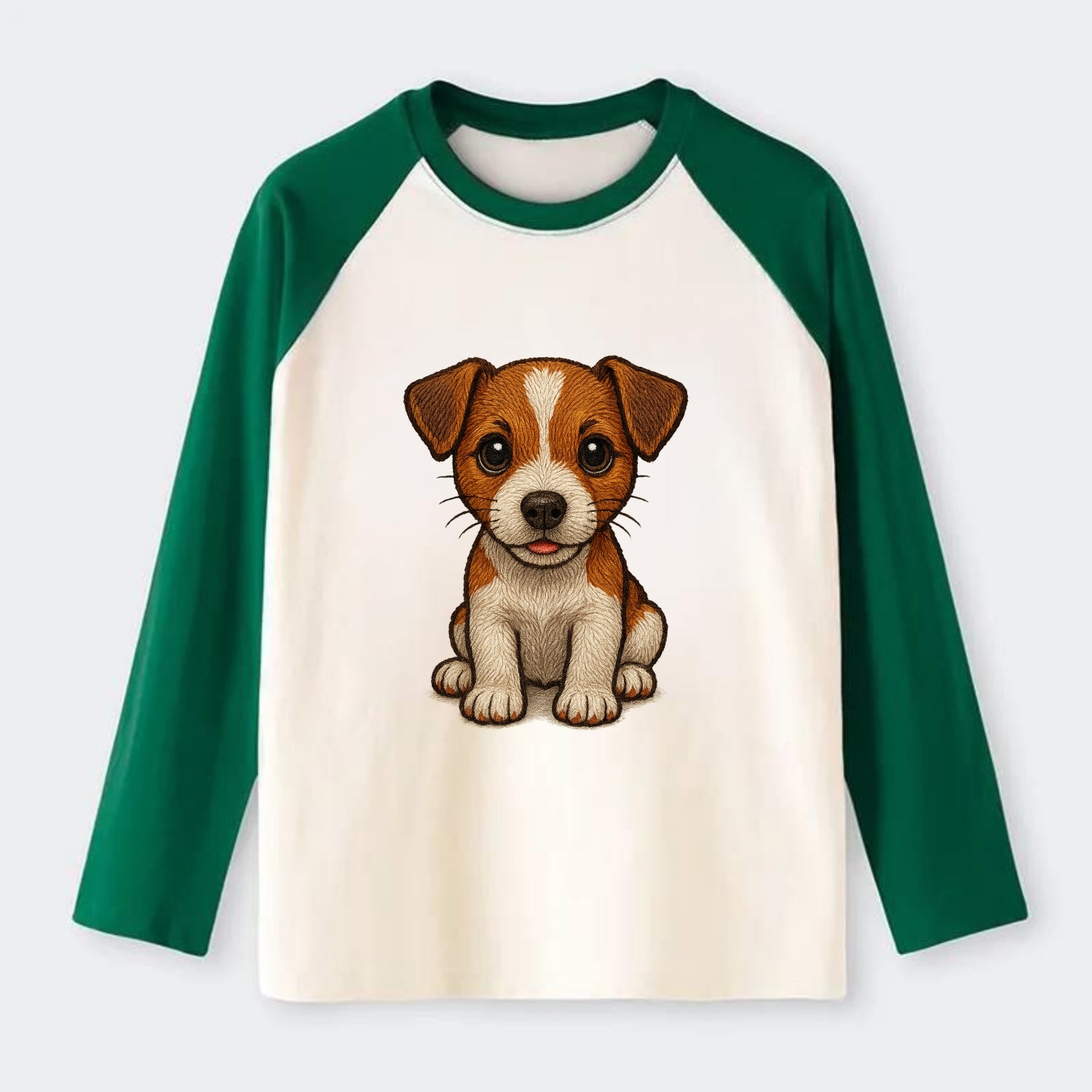 Baby Jack Russell Terrier Puppy - white with markings, alert ears, - Raglan Long Sleeve T-Shirt - Green