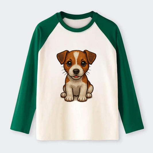 Baby Jack Russell Terrier Puppy - white with markings, alert ears, - Raglan Long Sleeve T-Shirt - Green