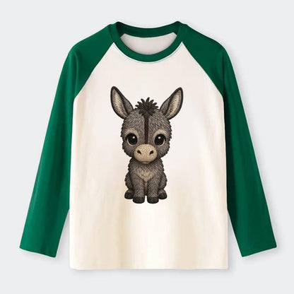 Baby Donkey Foal - gray fluffy, long ears, dark stripe, gentle eyes, - Raglan Long Sleeve T-Shirt - Green
