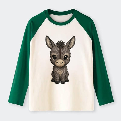 Baby Donkey Foal - gray fluffy, long ears, dark stripe, gentle eyes, - Raglan Long Sleeve T-Shirt