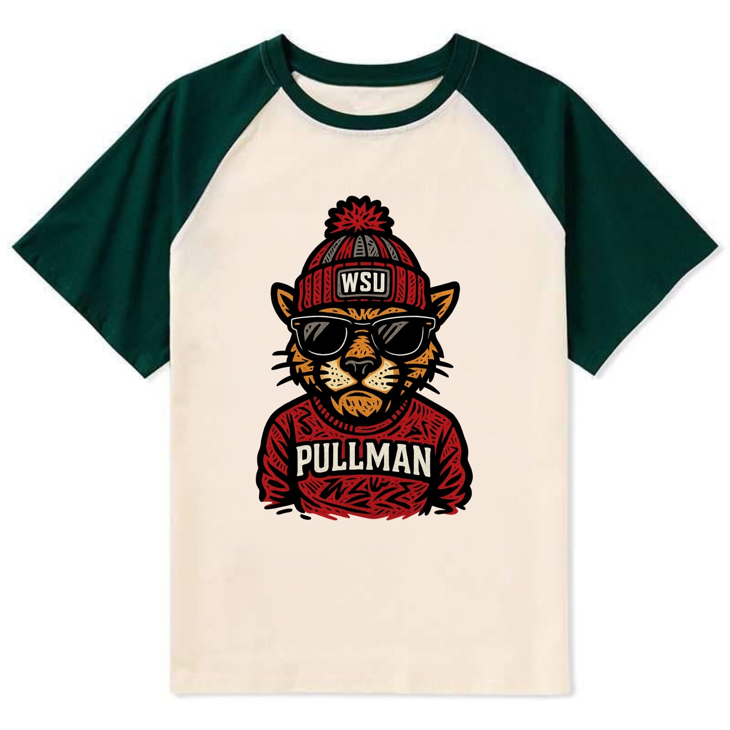 Pullman Cougar wearing Washington State beanie with WSU patch - Contrast Raglan T-shirt - Green