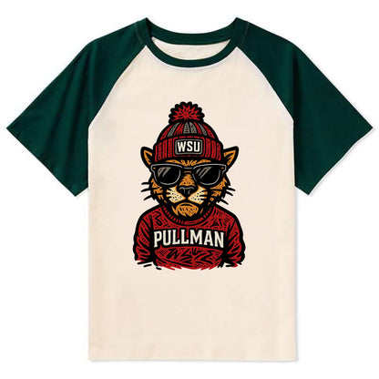Pullman Cougar wearing Washington State beanie with WSU patch - Contrast Raglan T-shirt - Green