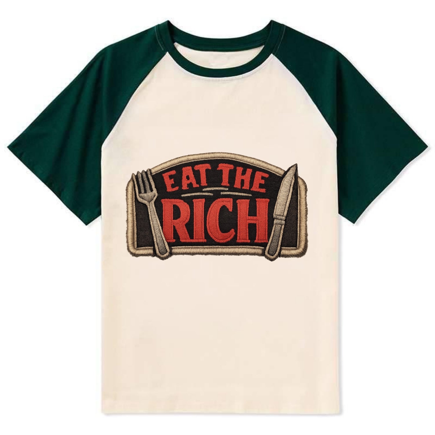 EAT THE RICH - fork and knife with text in red and silver , class war - Contrast Raglan T-shirt - Green