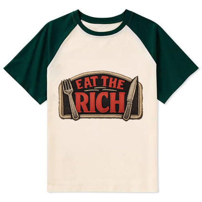 EAT THE RICH - fork and knife with text in red and silver , class war - Contrast Raglan T-shirt - Green
