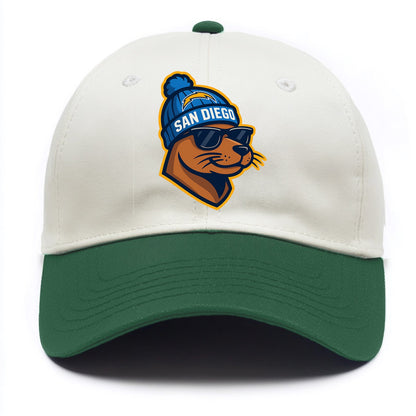 San Diego Sea Lion wearing Chargers beanie with bolt patch and wayfarer sunglasses - Two Tone Cap - Green