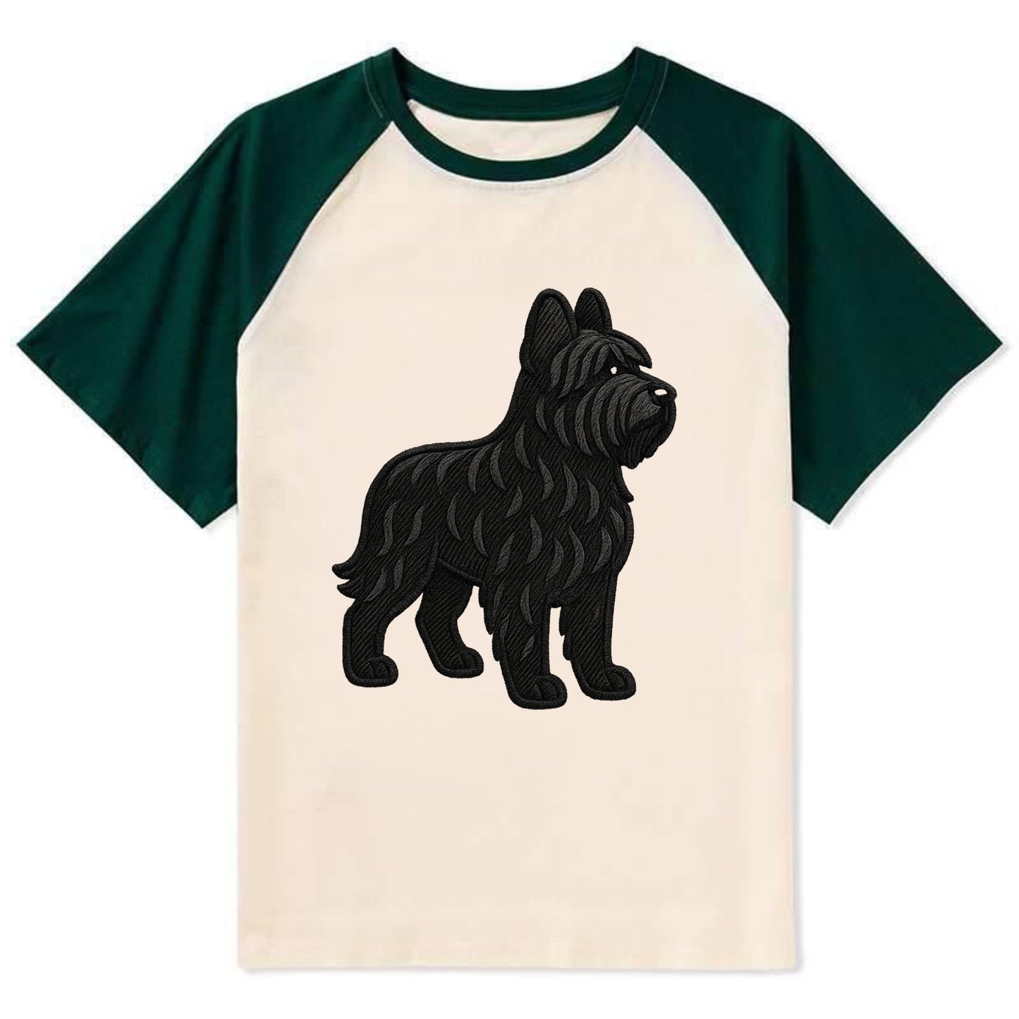 Briard - Black wavy coat embroidered herding pose - Contrast Raglan T-shirt - Green